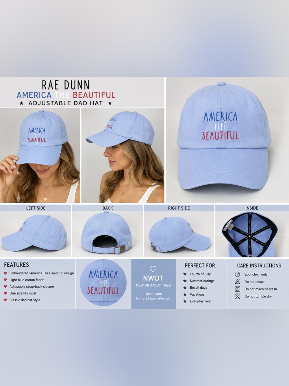 Rae Dunn America The Beautiful Light Blue Adjustable Dad Hat Baseball Cap NWOT